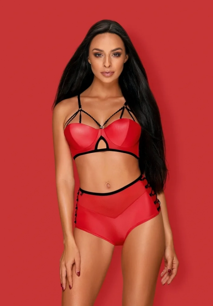 Комплект "Obsessive Leatheria" лиф-бра и высокие трусики, красный, L/XL 